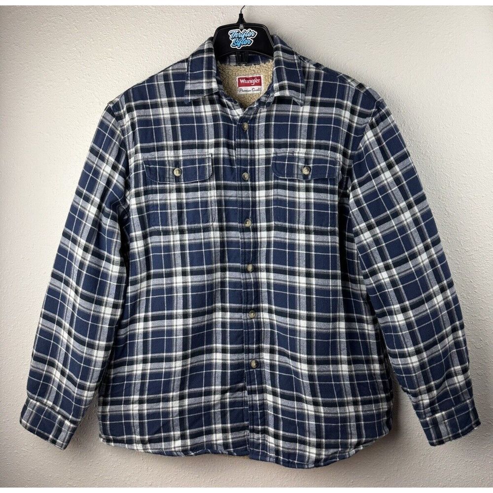 Wrangler Mens Medium Blue Plaid Flannel Shirt Jacket Shacket Button Up Shirt
